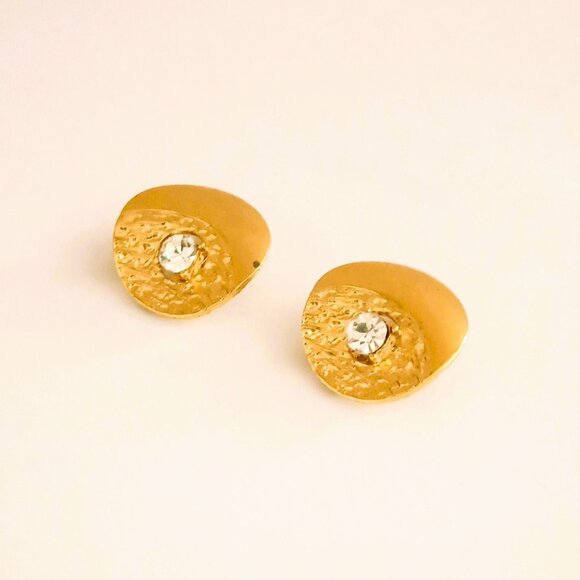 Vintage Textured Clip-On Earrings Statement Gold Tone Pronged Center Clear Stone - Picture 6 of 7